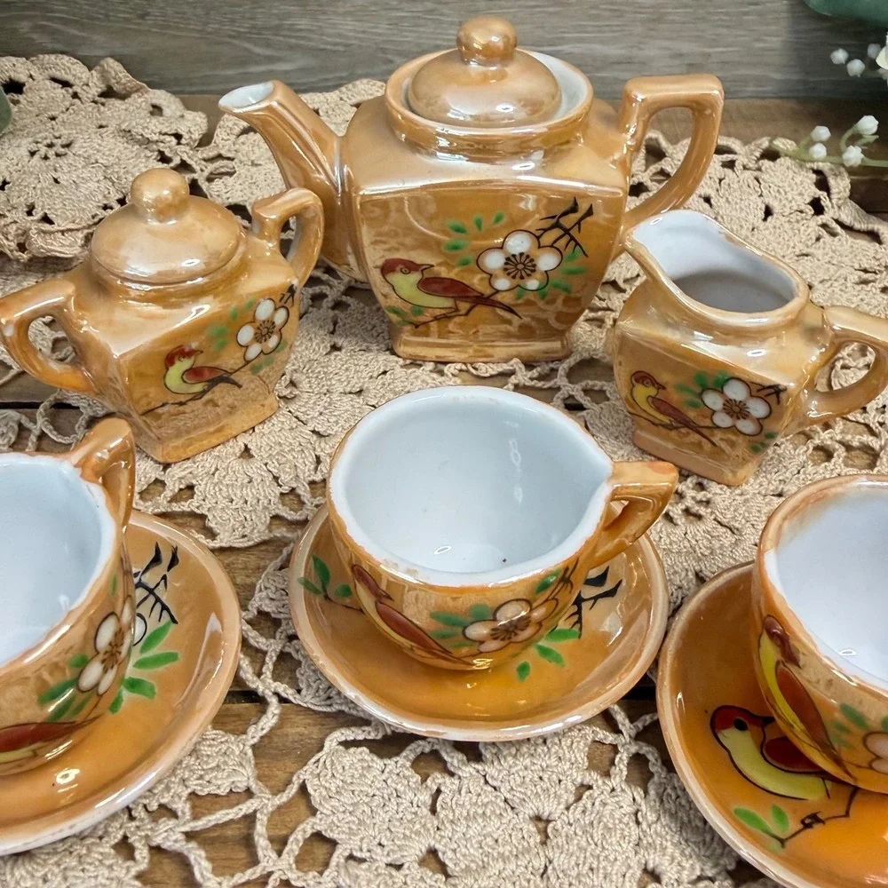 11pc Vintage KA Made in Occupied Japan Lusterware Miniature Tea Set Bird Floral